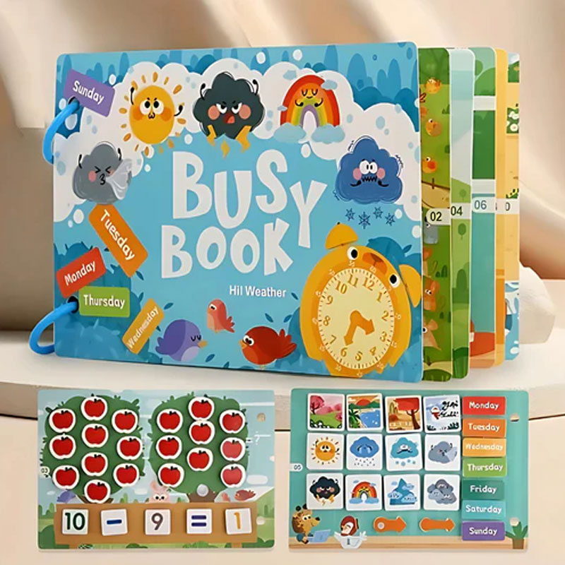 Children's busy book with colorful pages and educational elements on a light background