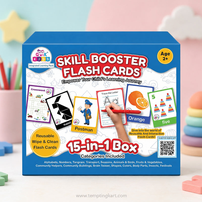 Skill Booster Flash Cards – 15-in-1 Educational Learning Flash Cards for Kids | Reusable Wipe & Clean Learning Cards (Age 2+)