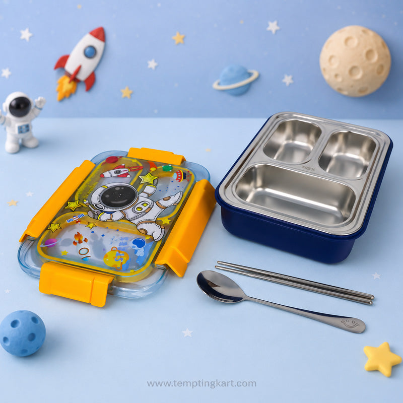 Space Astronaut 3-Compartment Stainless Steel Lunch Box with Spoon & Chopsticks