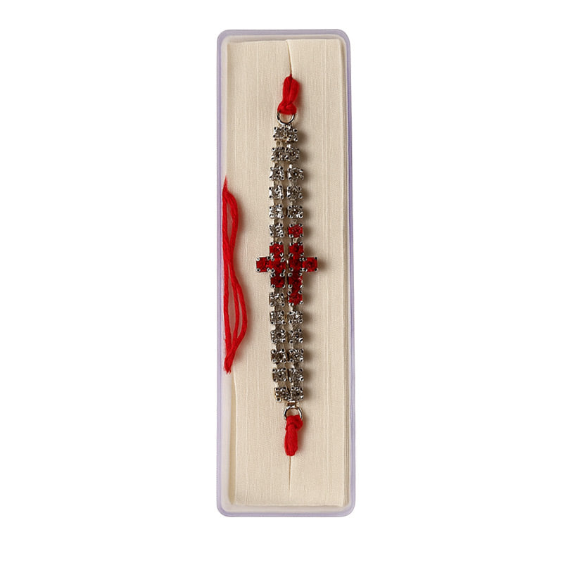 Premium Designer Stone Rakhi with Red & White Crystals | Box Packed for Raksha Bandhan