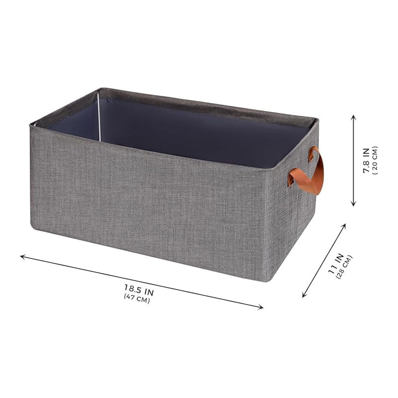 Gray storage bin with brown handles and dimensions on a white background