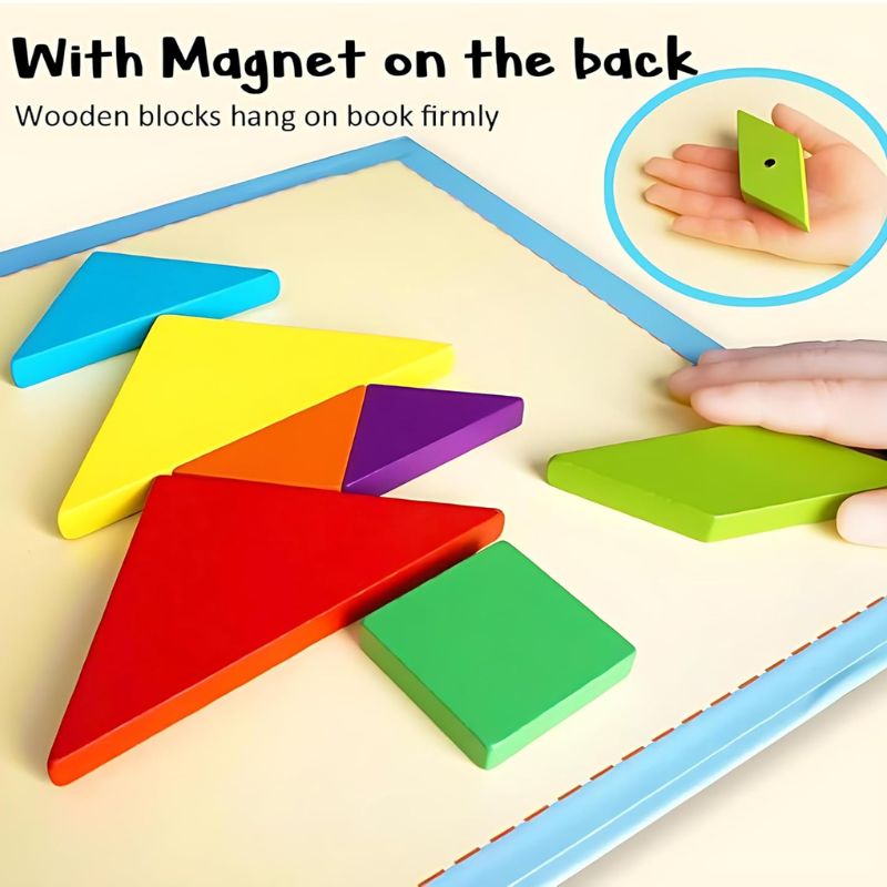 Wooden Tangram Puzzle with Magnetic Book – Educational Toy for Kids 3+w