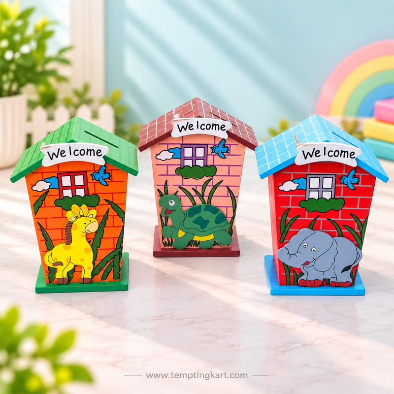 Wooden House-Shaped Piggy Bank 1 Pc | Kids Coin Box & Money Saving Bank with Animal Design