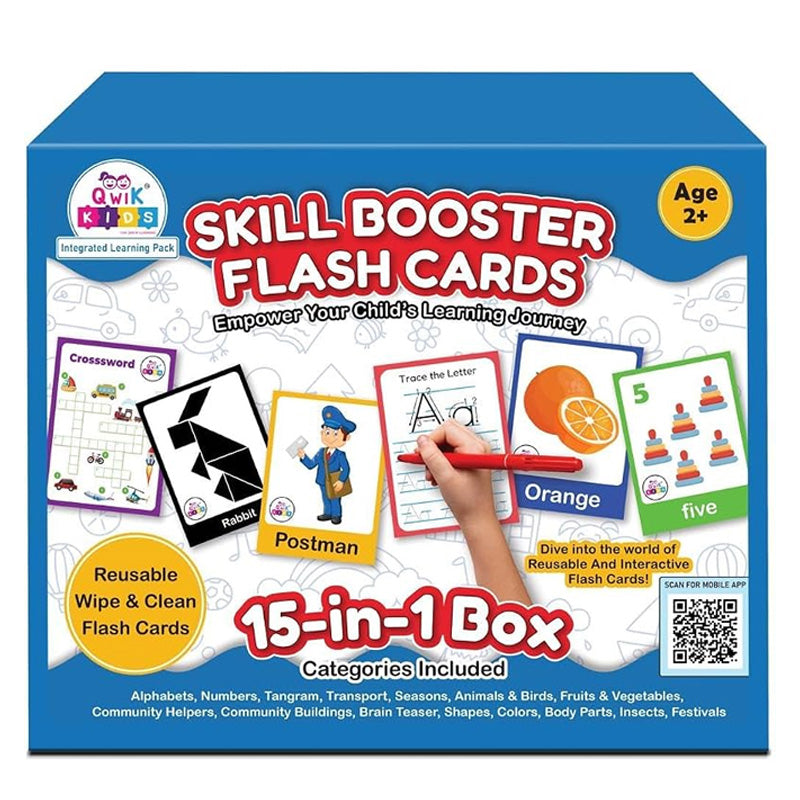 Skill Booster Flash Cards – 15-in-1 Educational Learning Flash Cards for Kids | Reusable Wipe & Clean Learning Cards (Age 2+)