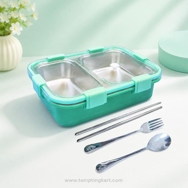 Stainless Steel Bento Lunch Box with Compartments, Cutlery & Sauce Container