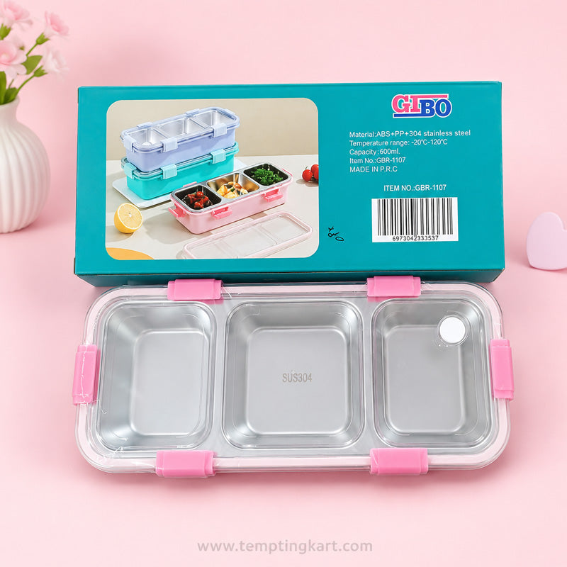3-Compartment Stainless Steel Lunch Box with Spoon & Chopsticks | Leakproof Bento Meal Container