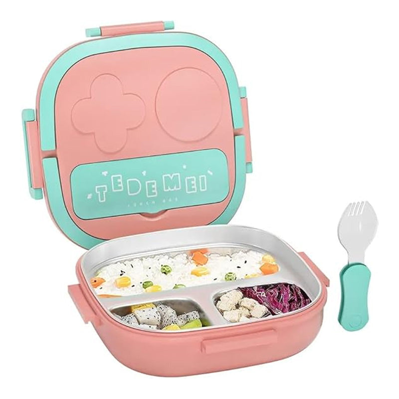 TEDEMEI 3-Compartment Stainless Steel Lunch Box with Spoon | Leakproof Bento Meal Container
