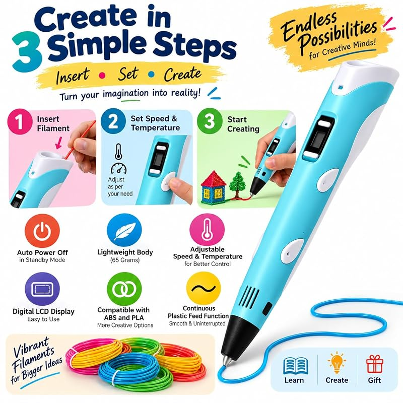 3D Pen | Drawing Pen with Colorful Filaments – Creative DIY Art & Craft Kit