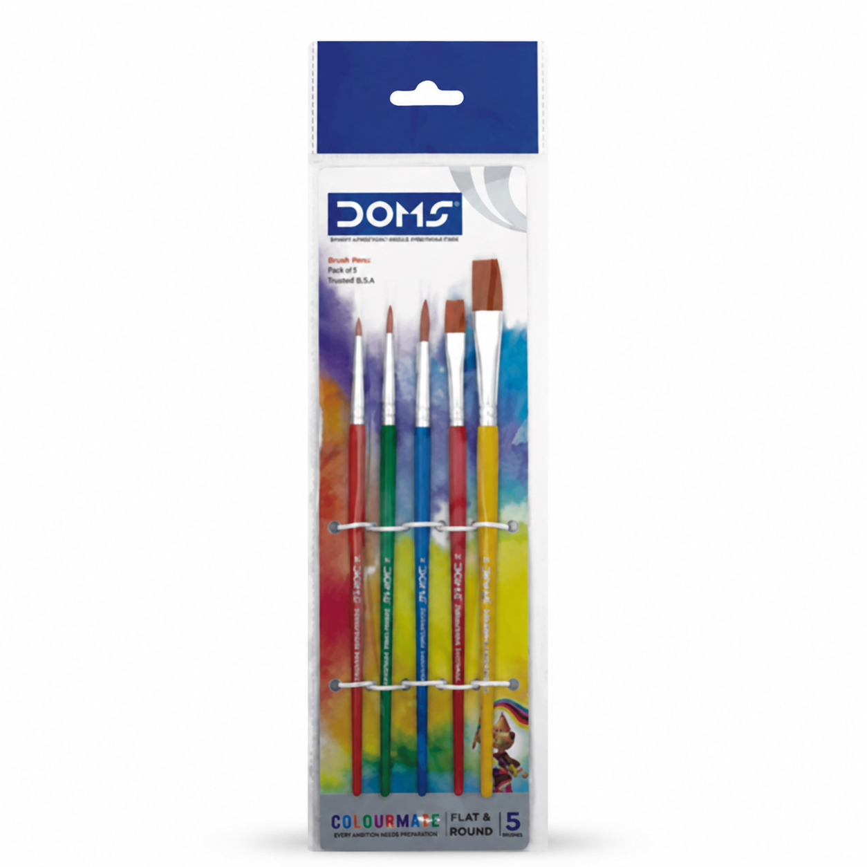 DOMS Colourmate Flat & Round Paint Brush Set (Pack of 5) – Assorted Sizes for Watercolor, Acrylic & Poster Painting