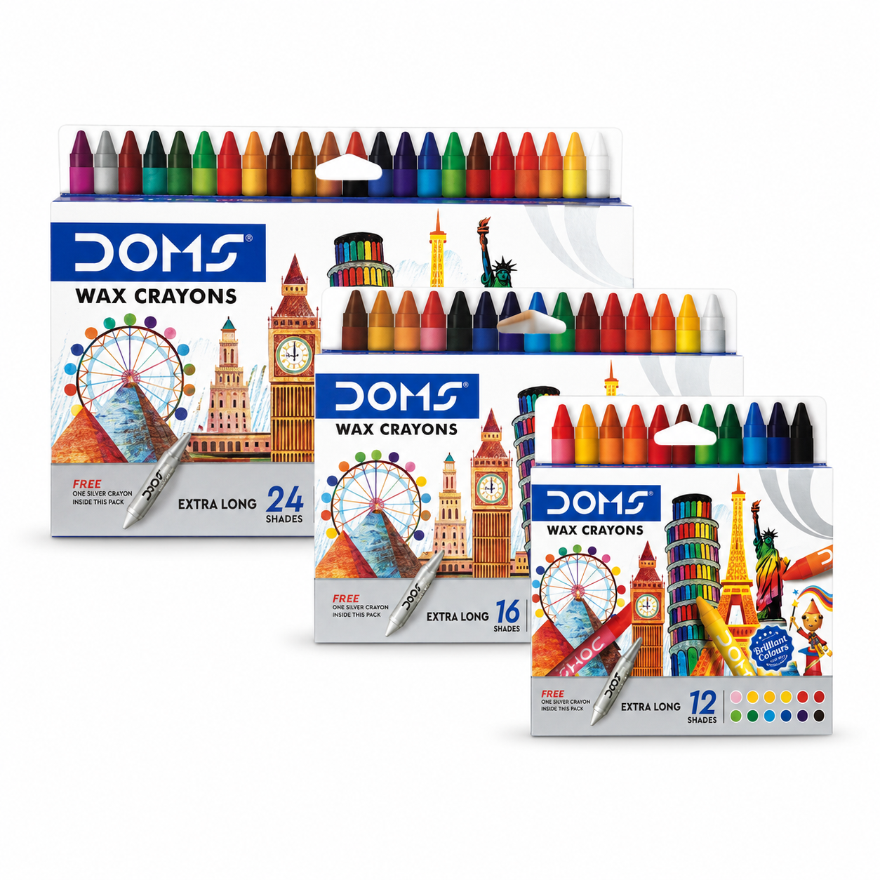 DOMS Wax Crayons Extra Long Set with Free Silver Crayon | 16 Shades | Smooth Coloring Crayons for Kids
