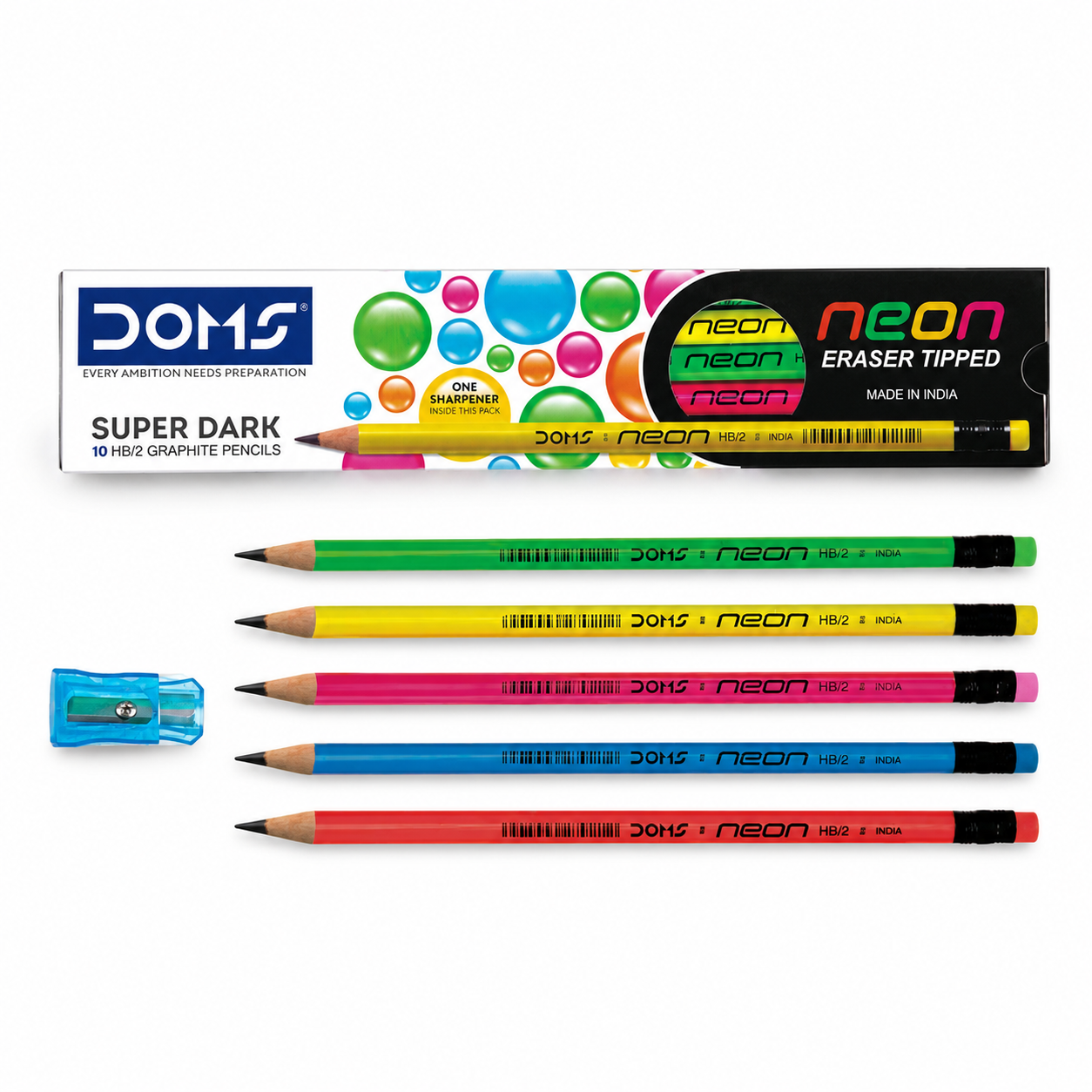 DOMS | Neon Eraser Tipped HB/2 Graphite Pencils | Pack of 10 with Sharpener