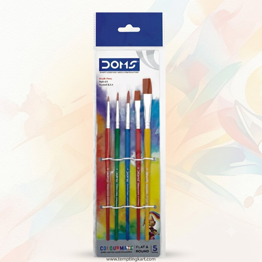 DOMS Colourmate Flat & Round Paint Brush Set (Pack of 5) – Assorted Sizes for Watercolor, Acrylic & Poster Painting