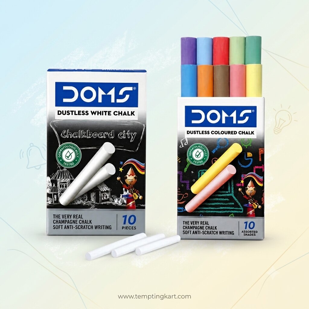 DOMS Dustless Chalk Pack – White & Assorted Colour Chalks for Classroom, School & Home Use (10 Pieces)