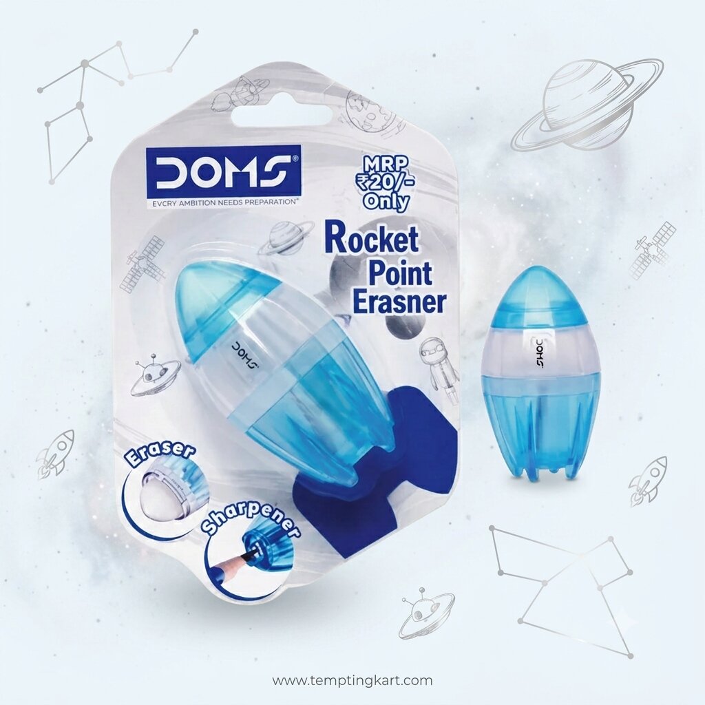 DOMS Rocket Point Eraser & Sharpener 2-in-1 | Rocket-Shaped Pencil Sharpener with Built-in Eraser & Dust Collector