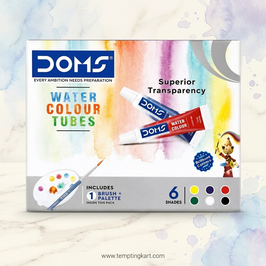 DOMS Water Colour Tubes Set of 6 Shades with Brush & Mixing Palette | Superior Transparency Watercolors for Kids, Students & Artists