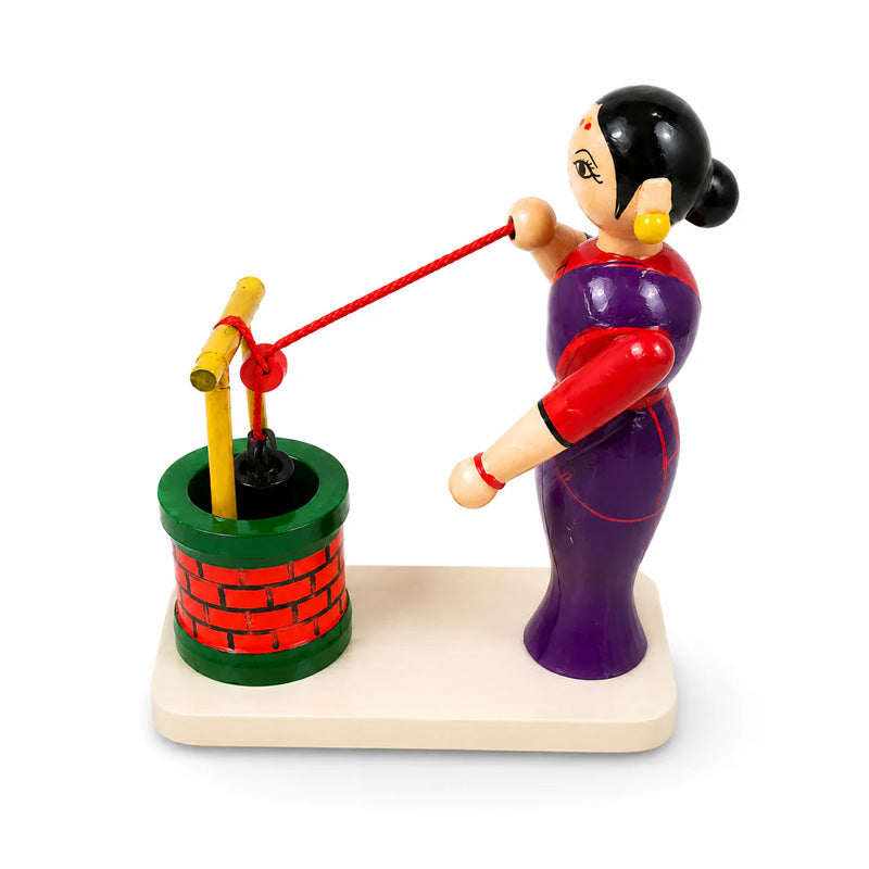 Wooden Lady Drawing Water from Well Toy | Handmade Traditional Wooden Handicraft | Channapatna Toys