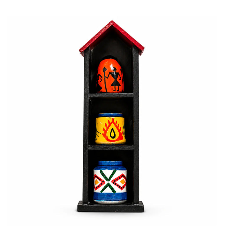 Wooden Tribal Pot Set with Display Stand | Handmade Wooden Decorative Showpiece | Channapatna Toys