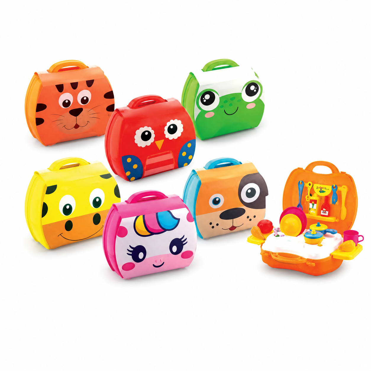 Kids Pretend Play Kitchen Set in Cute Animal Carry Case – Portable Cooking Toy Set for Children