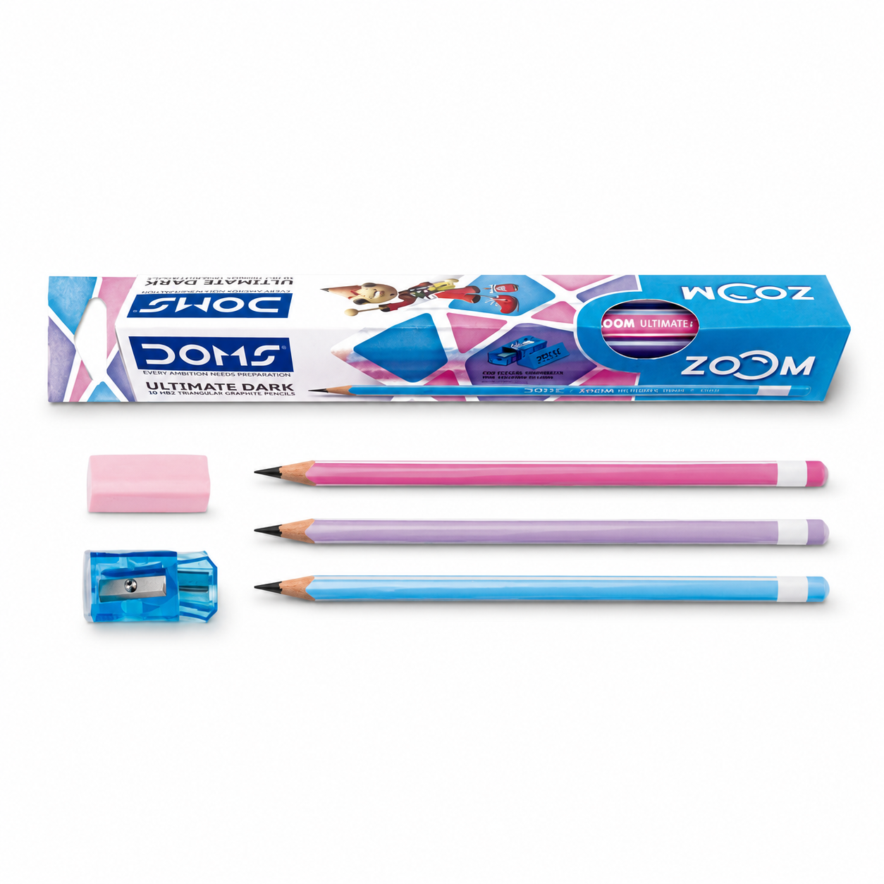 DOMS | Zoom Ultimate Dark Triangular Graphite Pencil Set with Sharpener & Eraser – 10 Pencils Pack