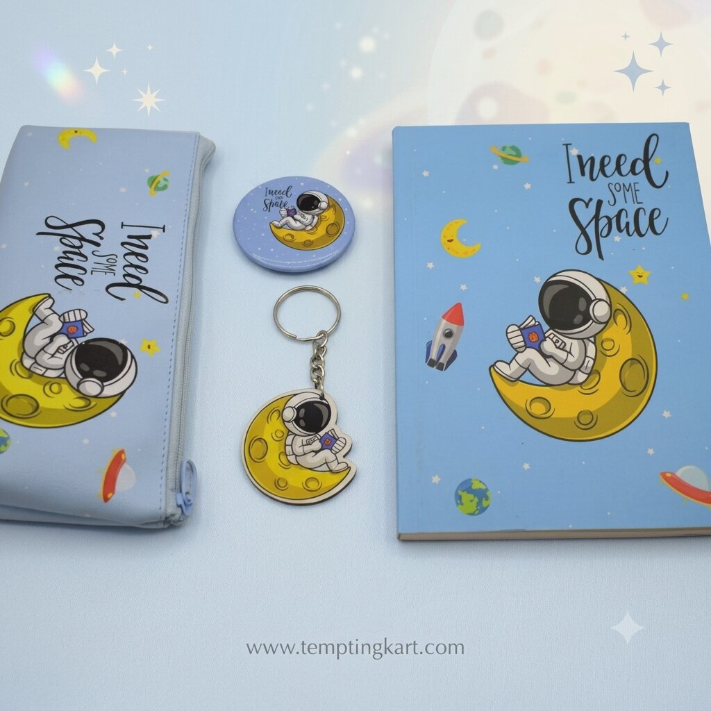 Space Theme Stationery Kit for Kids | Astronaut Pouch, A5 Ruled Diary, Key Chain & Badge Set | Return Gift Combo