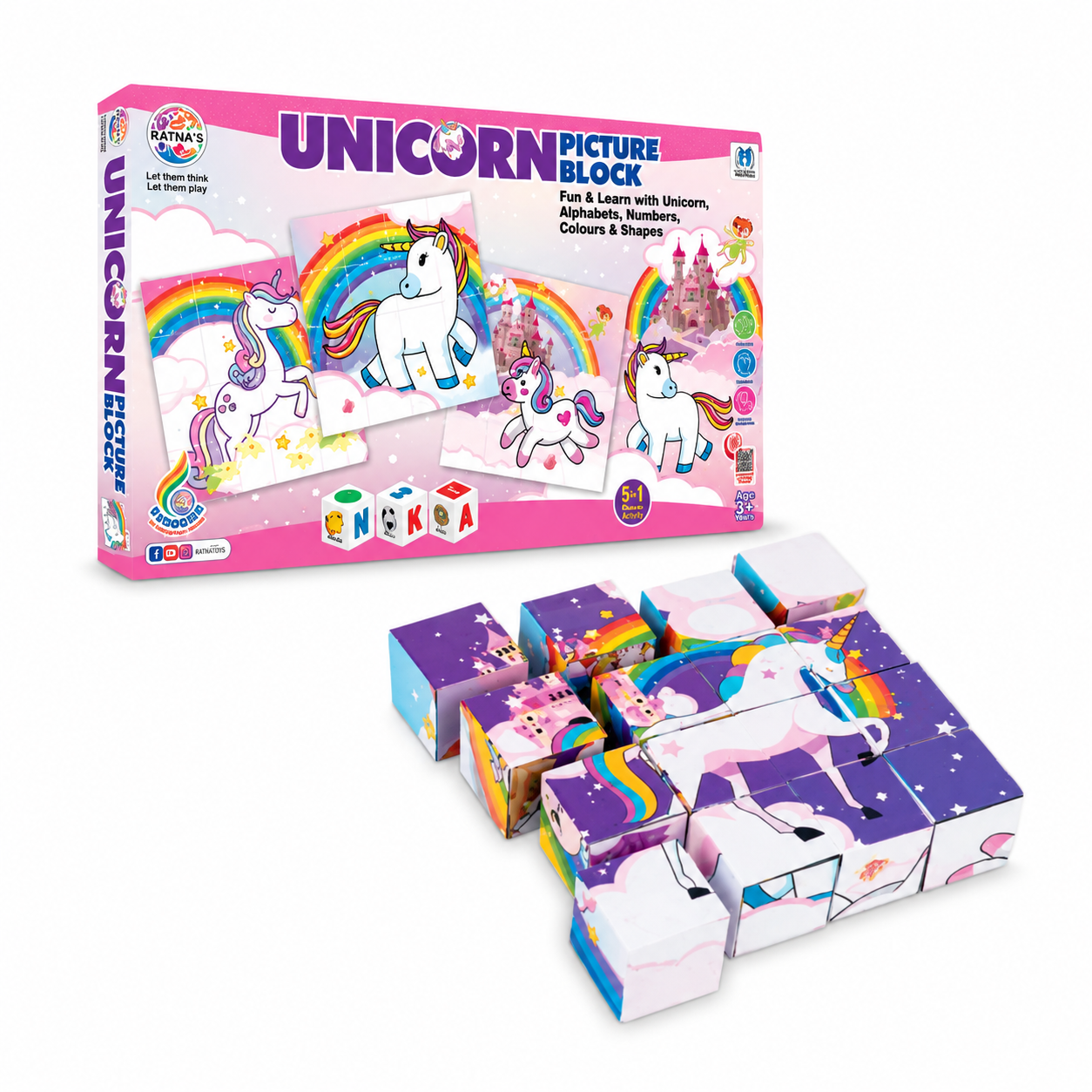 Unicorn Picture Block Wooden Cube Puzzle for Kids – Educational Learning Toy