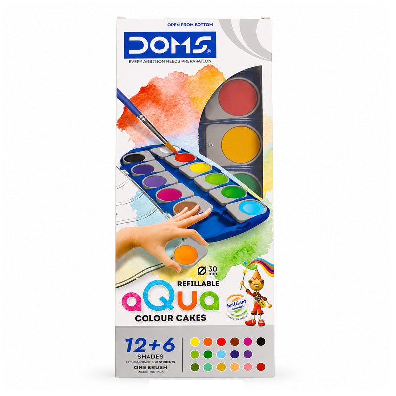DOMS Aqua Colour Cakes Watercolour Paint Set with Brush – 18 Vibrant Shades for Students & Beginners