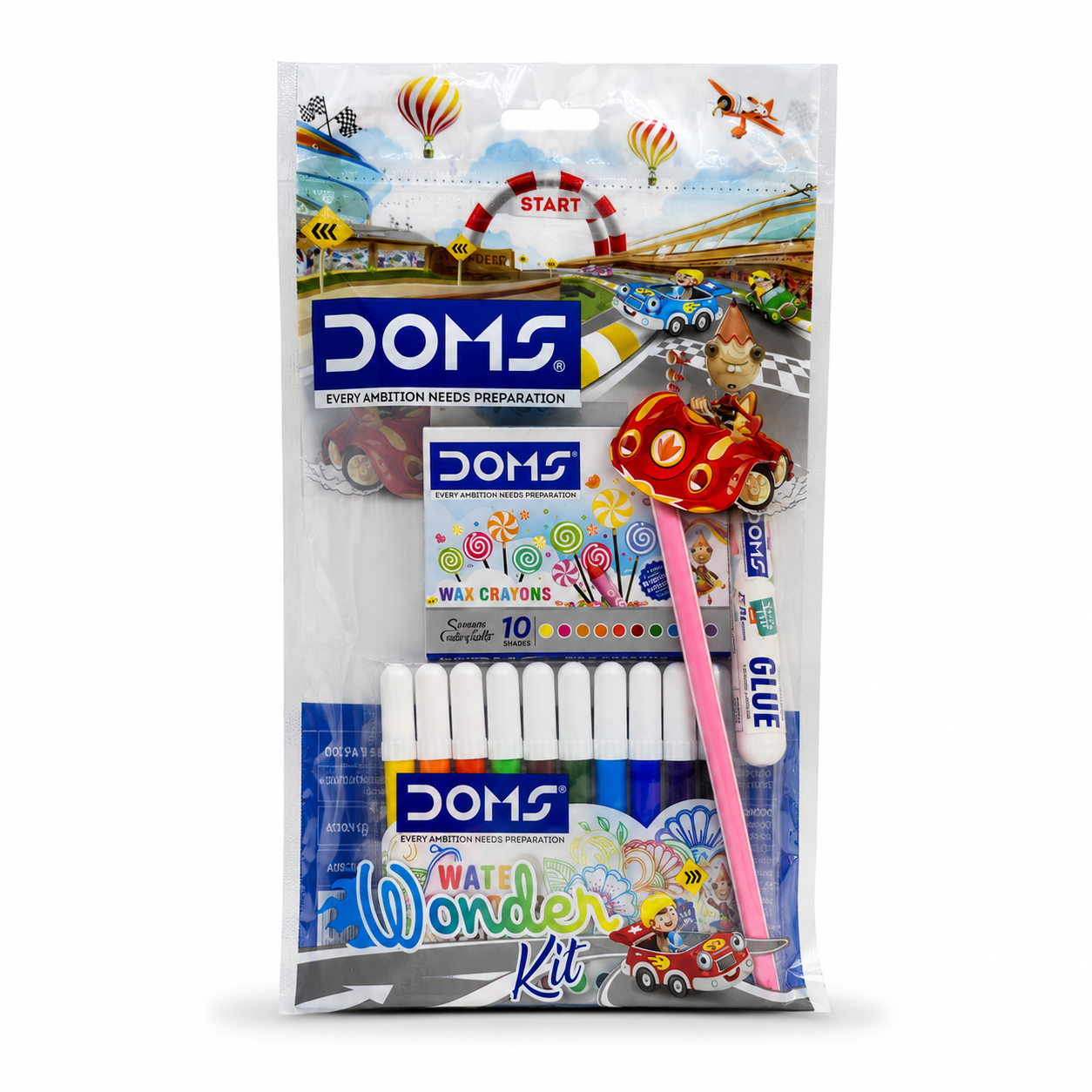 DOMS Water Wonder Kit Art & Coloring Set for Kids – Wax Crayons, Colour Pens, Pencil, Eraser, Sharpener & Glue