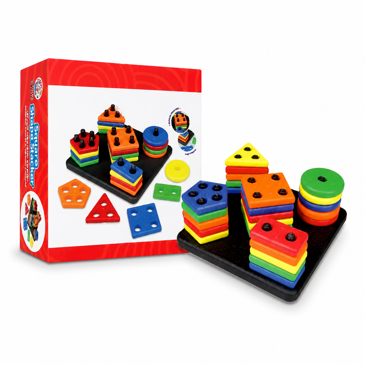 Wooden Square Shape Stacker Puzzle Board for Kids – Color Sorting & Shape Recognition Educational Toy