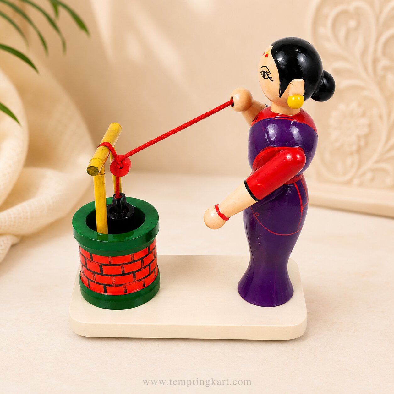 Wooden Lady Drawing Water from Well Toy | Handmade Traditional Wooden Handicraft | Channapatna Toys