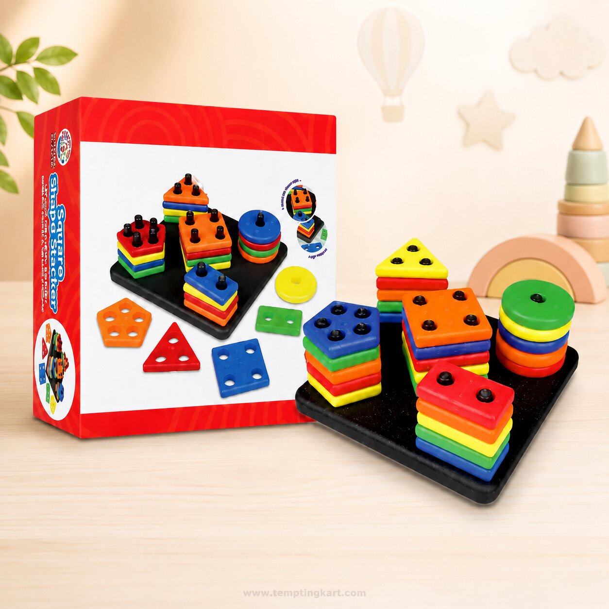 Wooden Square Shape Stacker Puzzle Board for Kids – Color Sorting & Shape Recognition Educational Toy