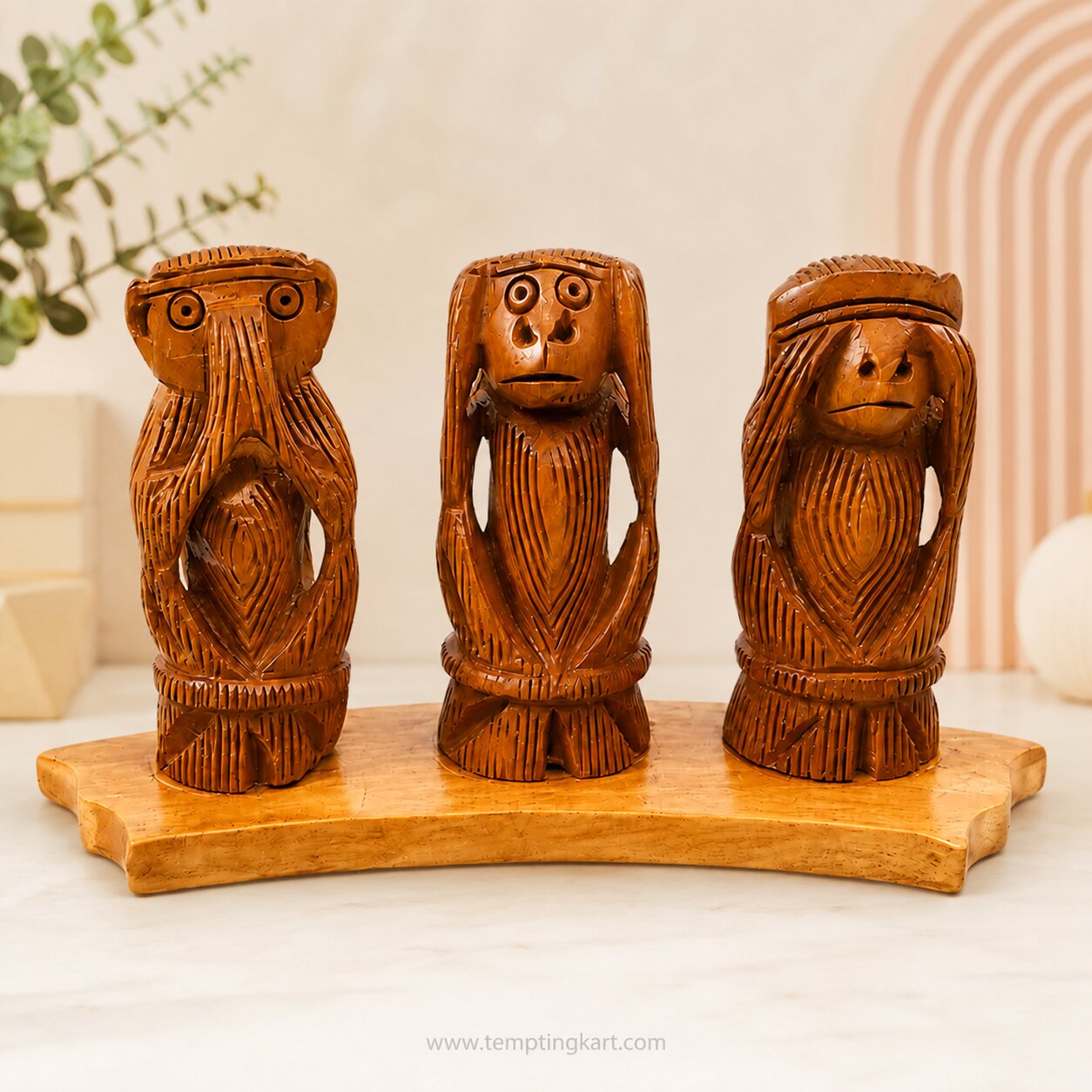 Wooden Three Wise Monkeys Showpiece | Handmade Wooden Decorative Figurines | Channapatna Toys