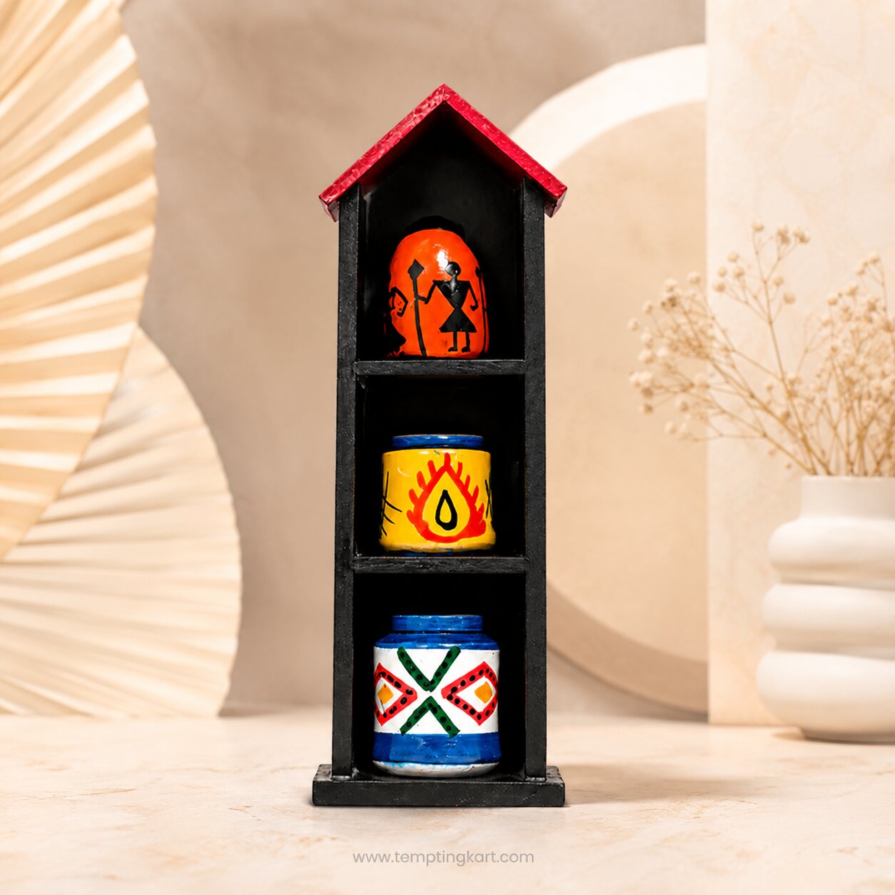 Wooden Tribal Pot Set with Display Stand | Handmade Wooden Decorative Showpiece | Channapatna Toys