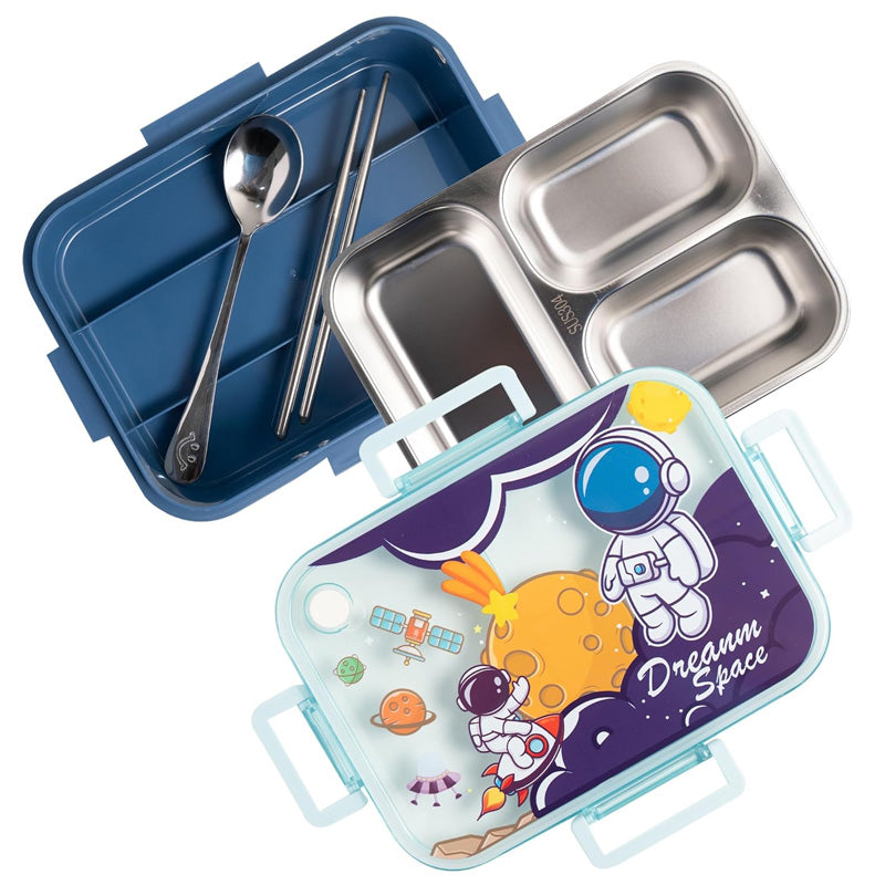 Dream Space Astronaut 3-Compartment Stainless Steel Lunch Box for Kids