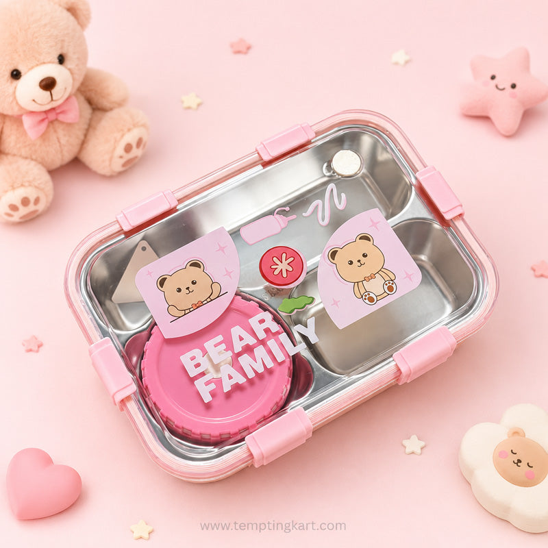 Bear Family 3-Compartment Stainless Steel Lunch Box with Sauce Container, Spoon & Chopsticks
