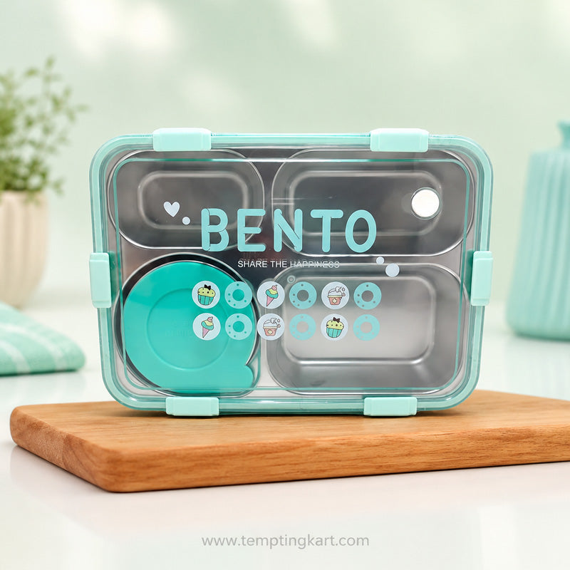 Bento 4-Compartment Stainless Steel Lunch Box with Sauce Cup – Leakproof School & Office Meal Container