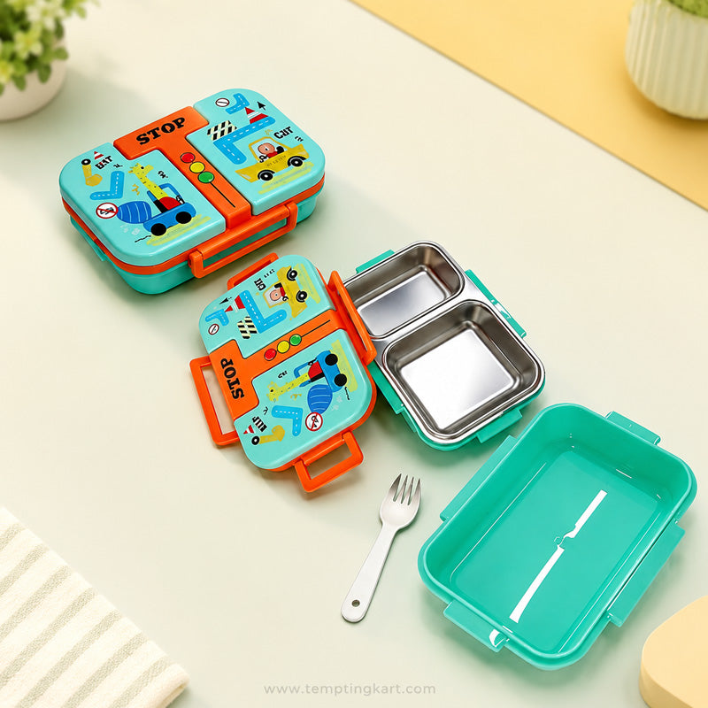 Lunch Box | Car Design 2-Compartment Lunch Box with Stainless Steel Tray & Fork