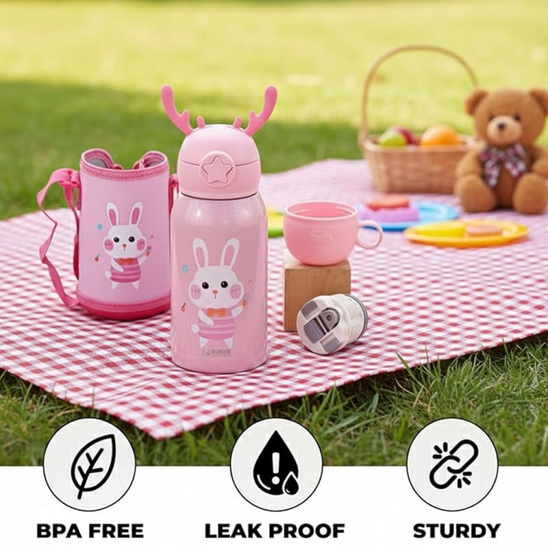 Cute Deer Stainless Steel Water Bottle – Kids Insulated Sipper Bottle with Cup