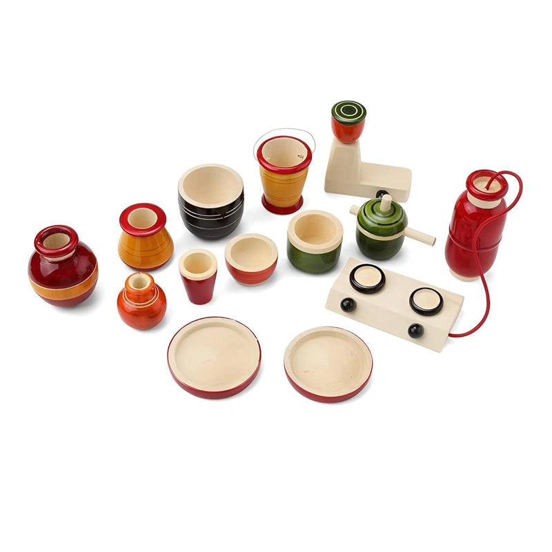 Channapatna Toys | Wooden Mini Kitchen Set | Handmade Traditional Wooden Kitchen Toy Set for Kids