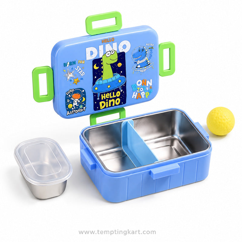 Dino 2-Compartment Stainless Steel Lunch Box with Sauce Container & Carry Handle