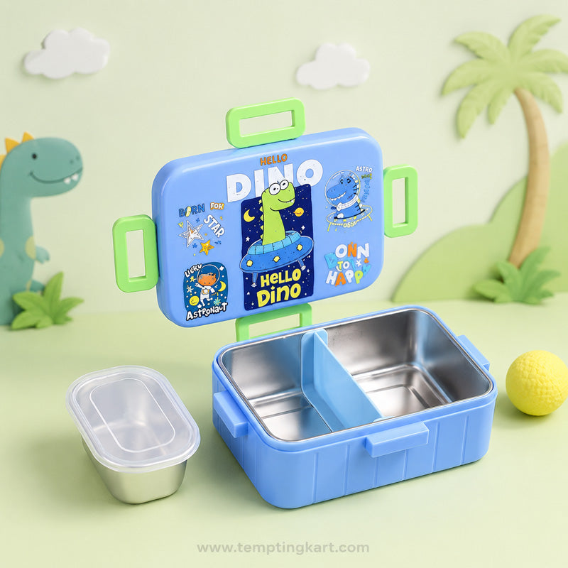Dino 2-Compartment Stainless Steel Lunch Box with Sauce Container & Carry Handle