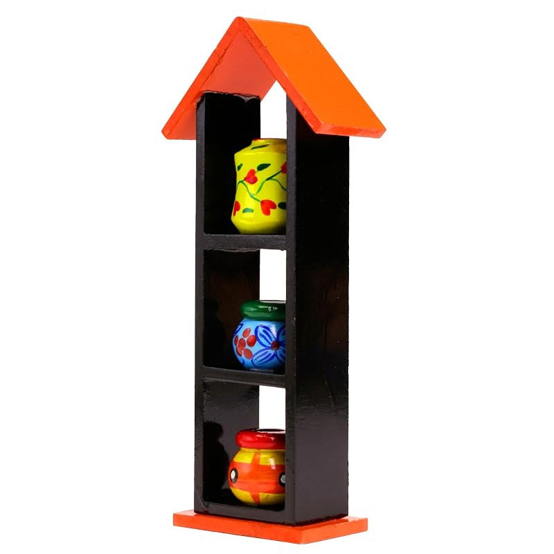 Wooden Tribal Pot Set with Display Stand | Handmade Wooden Decorative Showpiece | Channapatna Toys