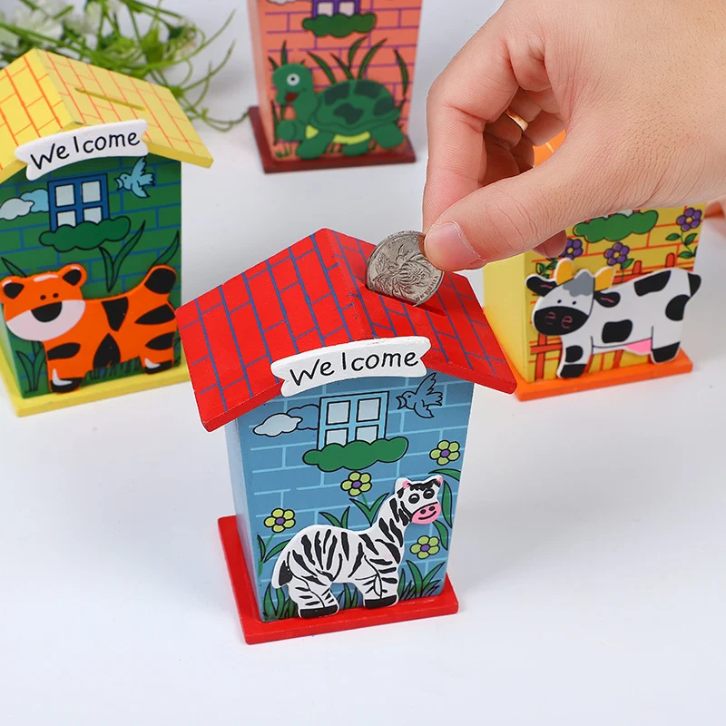 Wooden House-Shaped Piggy Bank 1 Pc | Kids Coin Box & Money Saving Bank with Animal Design
