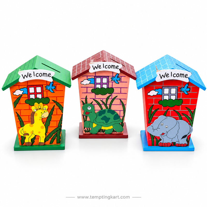 Wooden House-Shaped Piggy Bank 1 Pc | Kids Coin Box & Money Saving Bank with Animal Design