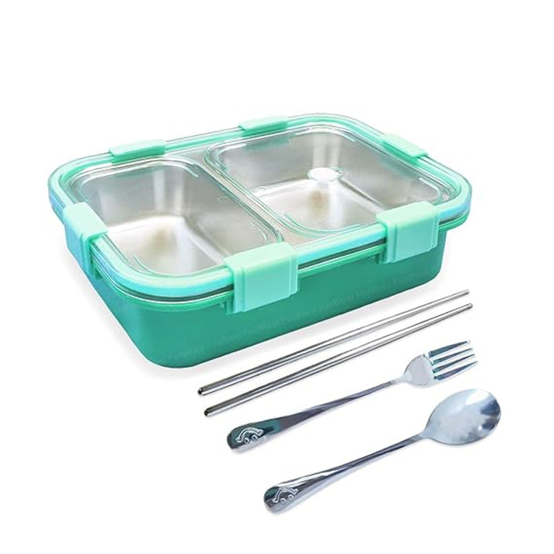 Stainless Steel Bento Lunch Box with Compartments, Cutlery & Sauce Container
