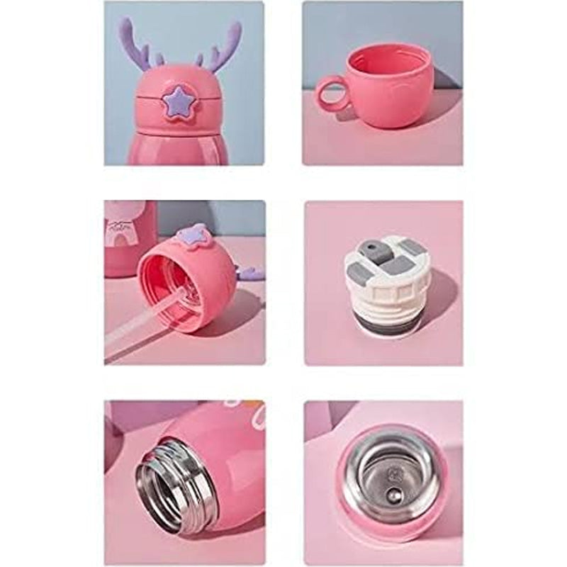 Cute Deer Stainless Steel Water Bottle – Kids Insulated Sipper Bottle with Cup
