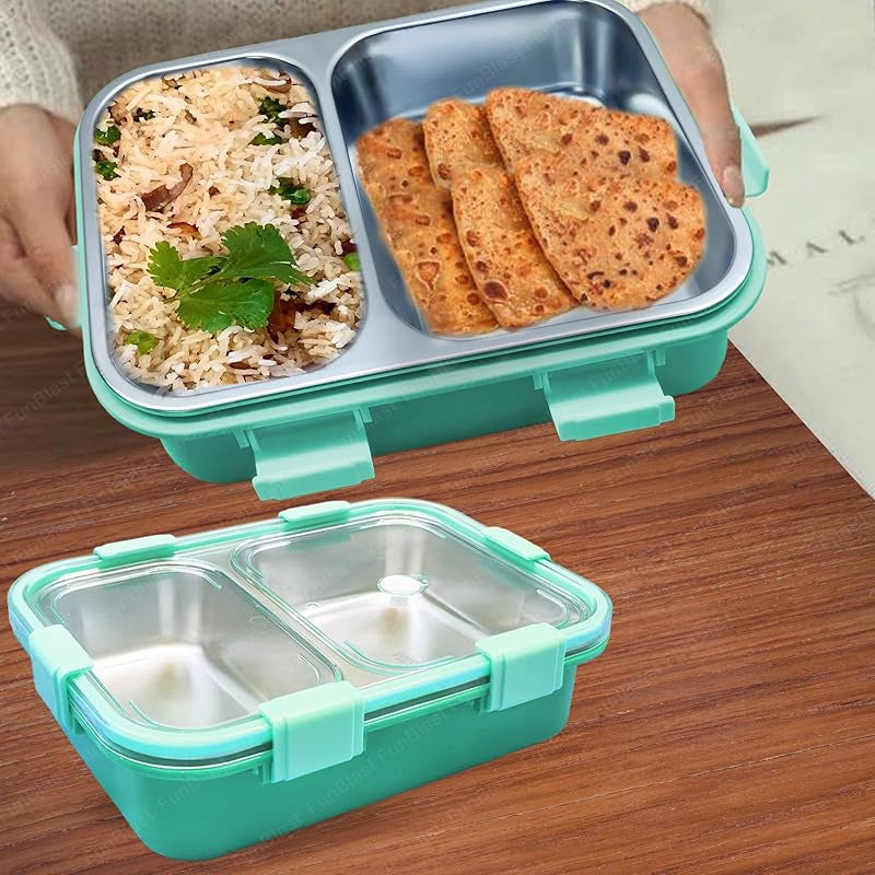 Stainless Steel Bento Lunch Box with Compartments, Cutlery & Sauce Container