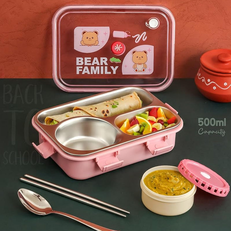 Bear Family 3-Compartment Stainless Steel Lunch Box with Sauce Container, Spoon & Chopsticks