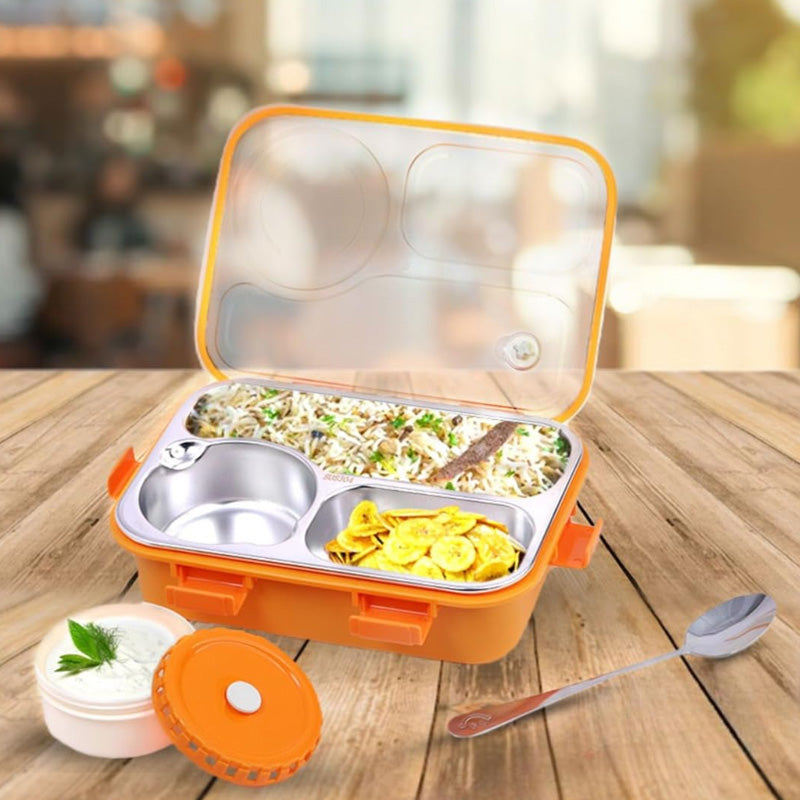 Stainless Steel Bento Lunch Box with Compartments, Cutlery & Sauce Container
