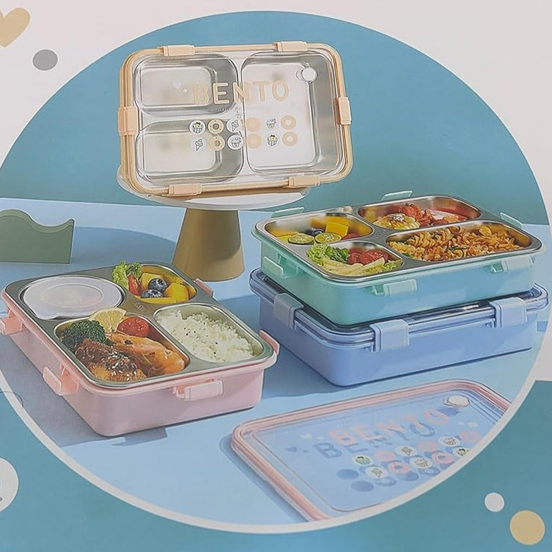 Bento 4-Compartment Stainless Steel Lunch Box with Sauce Cup – Leakproof School & Office Meal Container