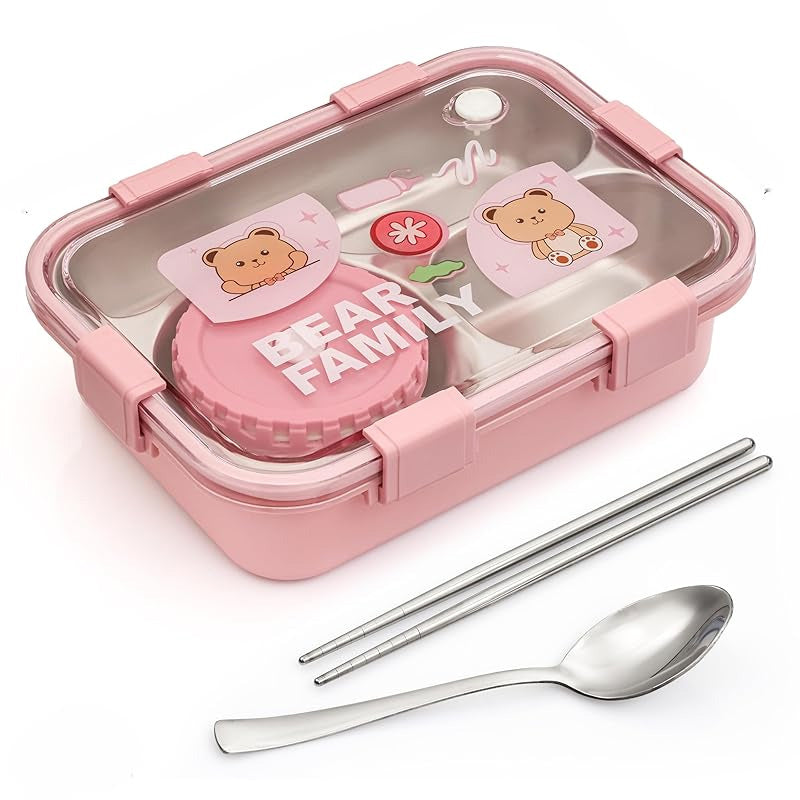 Bear Family 3-Compartment Stainless Steel Lunch Box with Sauce Container, Spoon & Chopsticks